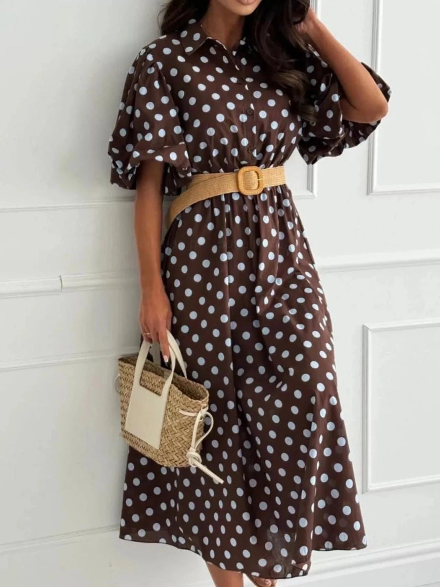 Oléna Polka Dot Puff Sleeve Midi Dress - WowStore.live