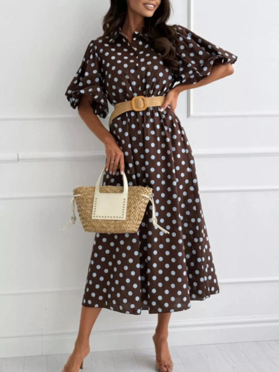 Oléna Polka Dot Puff Sleeve Midi Dress - WowStore.live