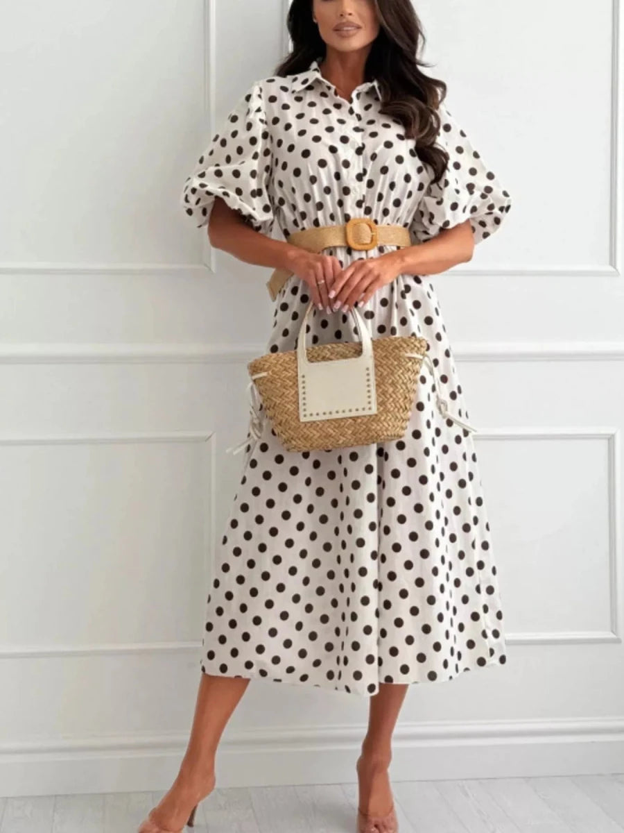 Oléna Polka Dot Puff Sleeve Midi Dress - WowStore.live