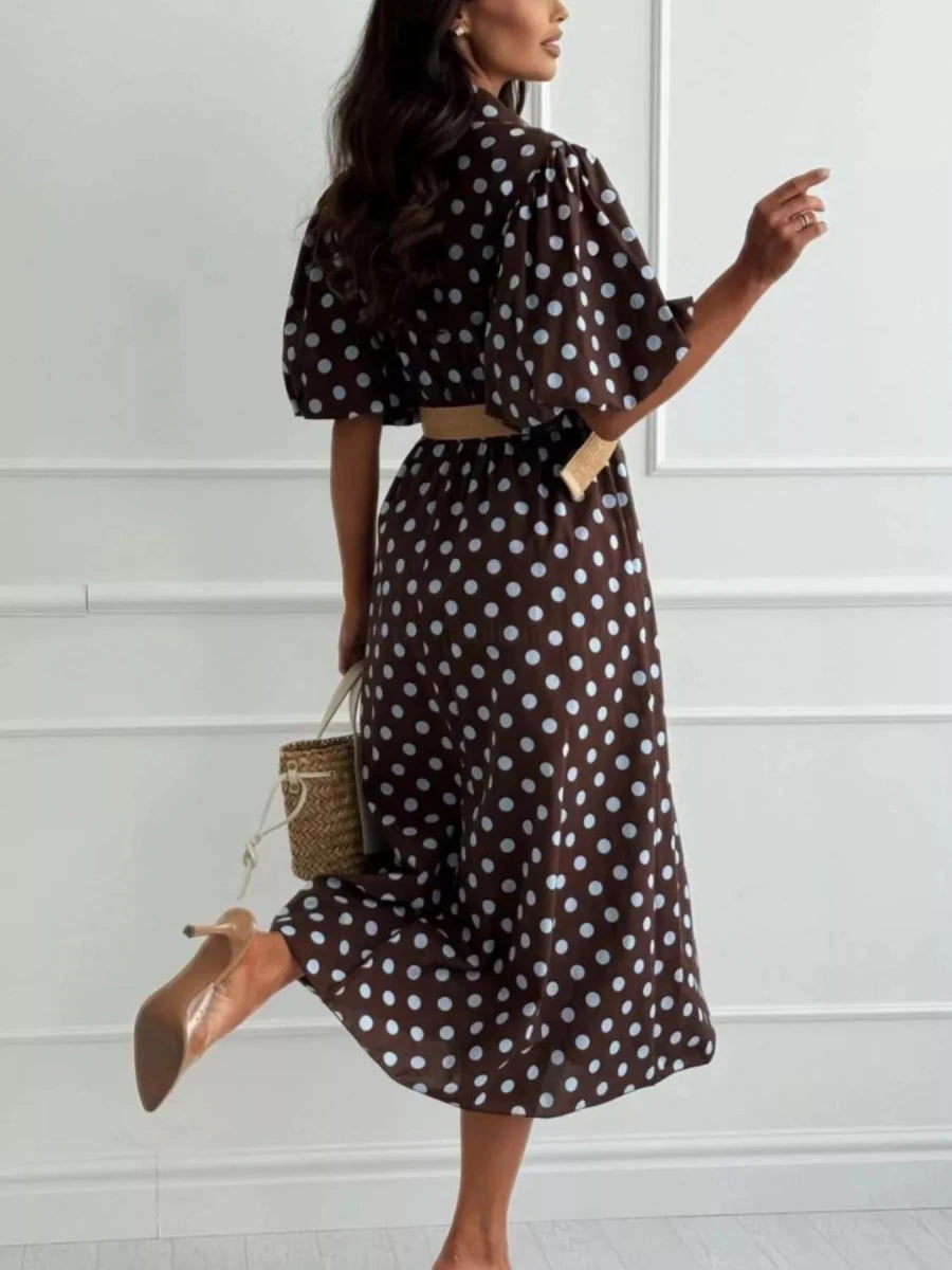 Oléna Polka Dot Puff Sleeve Midi Dress - WowStore.live