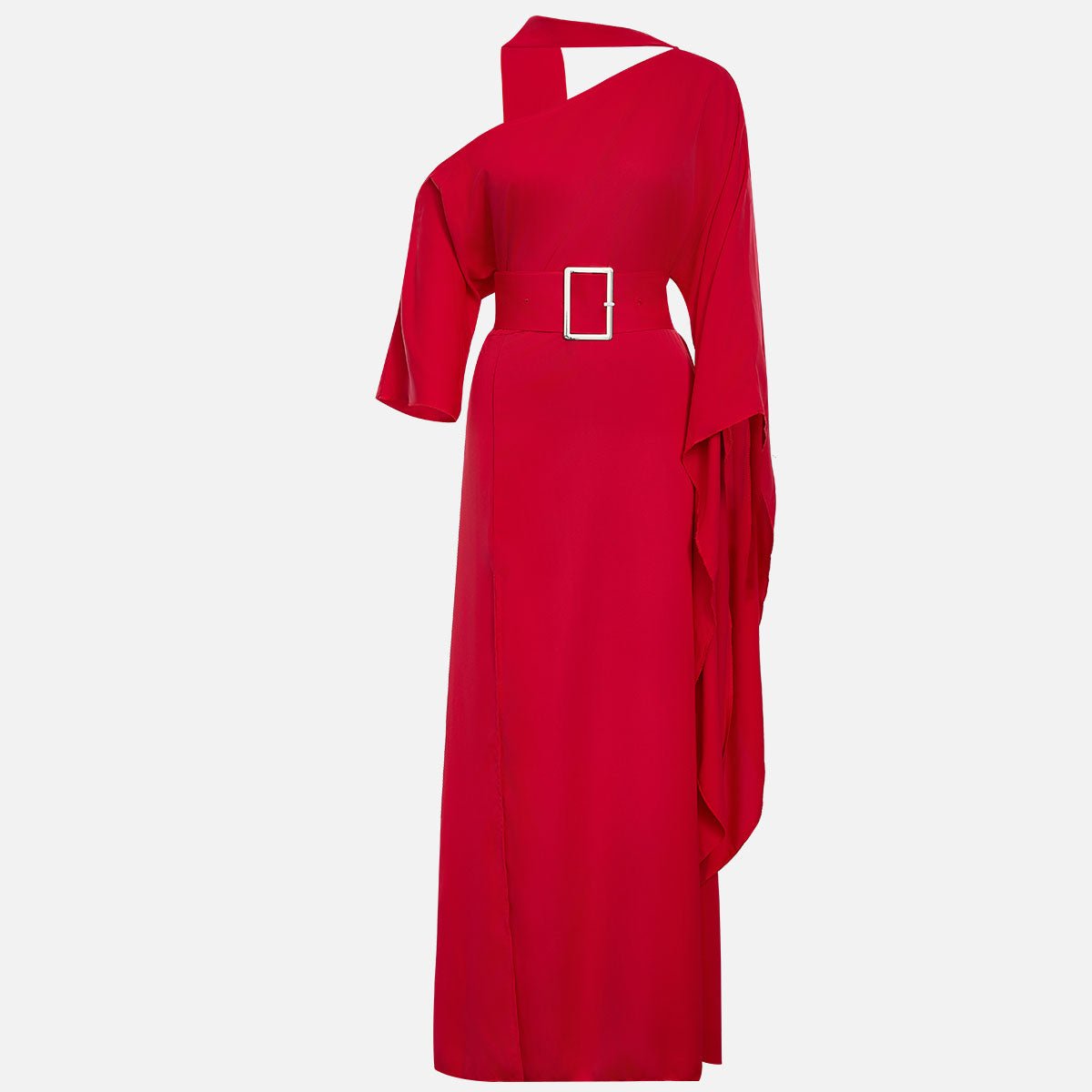 Long red dress on a grey background with a wide belt, silver-tone rectangular buckle and a long draped sleeve