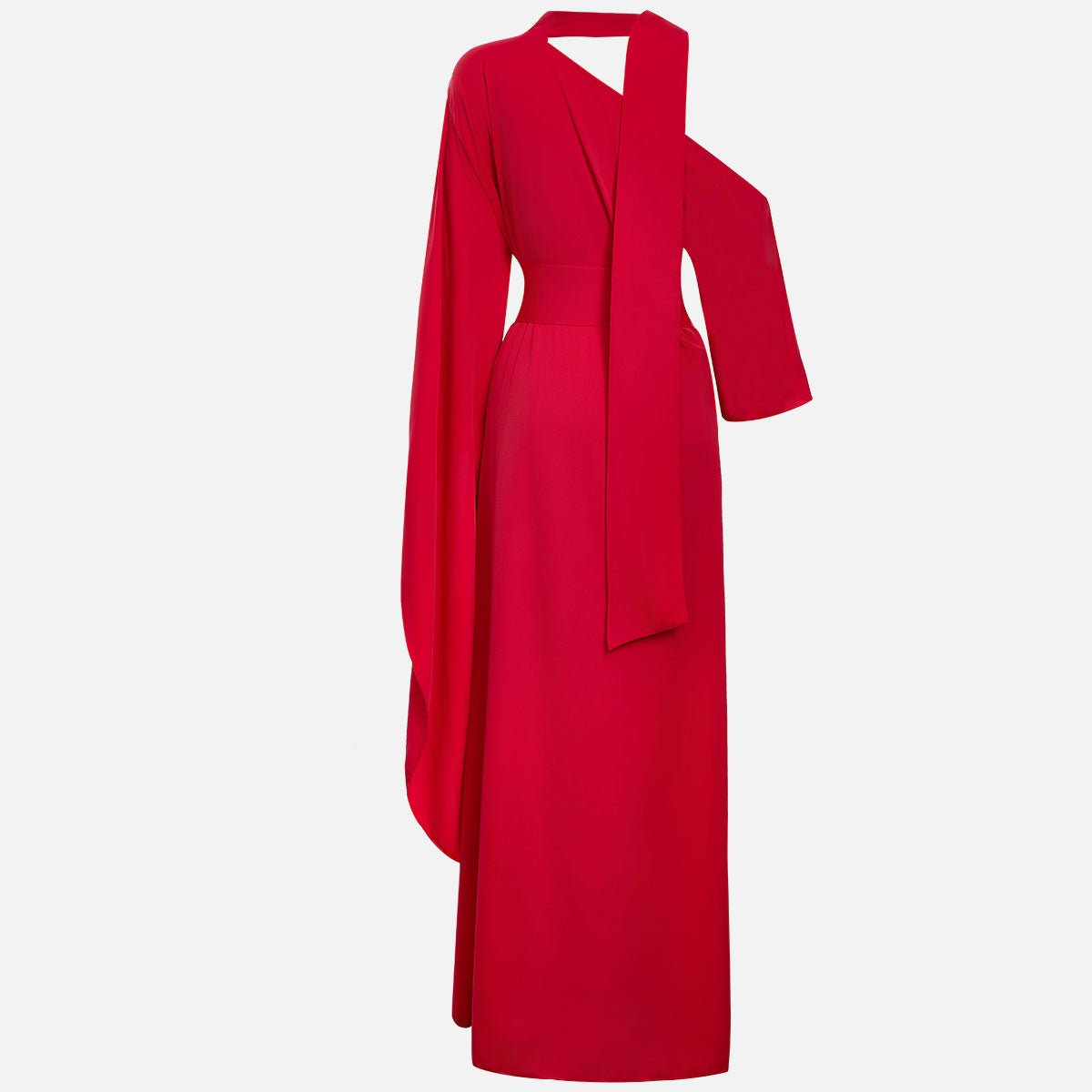 Long red dress seen from the side, the neck tie and draped sleeve falling past the hip