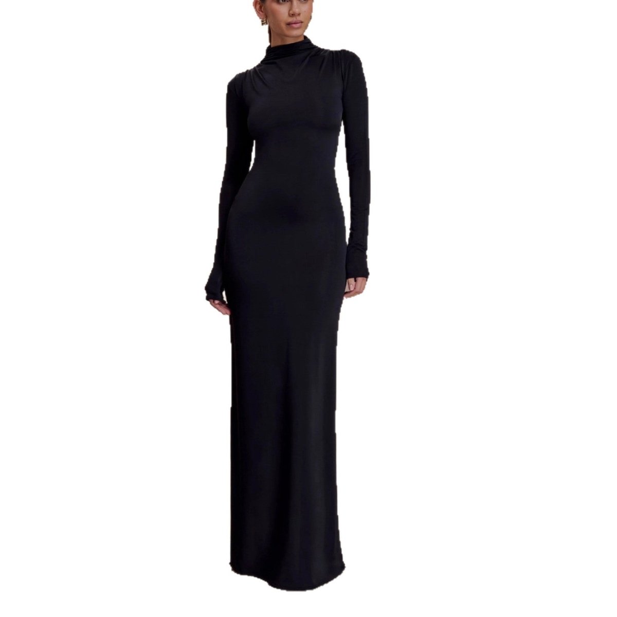 Black long-sleeve turtleneck maxi dress, front view on a white background