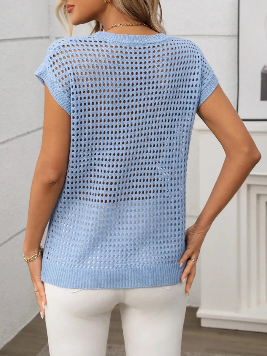 Openwork Round Neck Short Sleeve Knit Cover Up - Wow Store