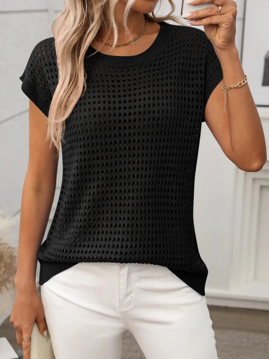 Openwork Round Neck Short Sleeve Knit Cover Up - Wow Store