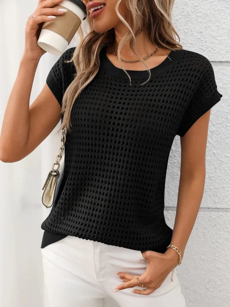 Openwork Round Neck Short Sleeve Knit Cover Up - Wow Store