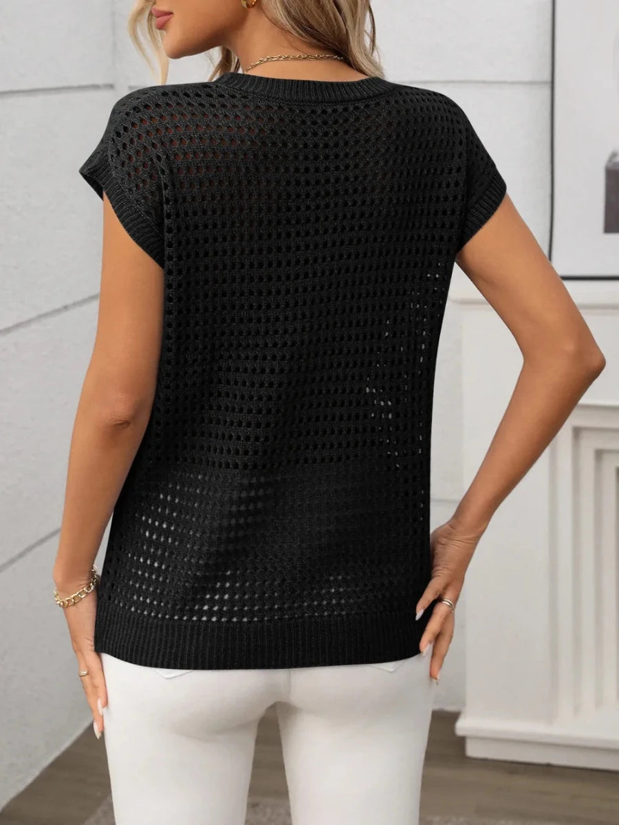 Openwork Round Neck Short Sleeve Knit Cover Up - Wow Store