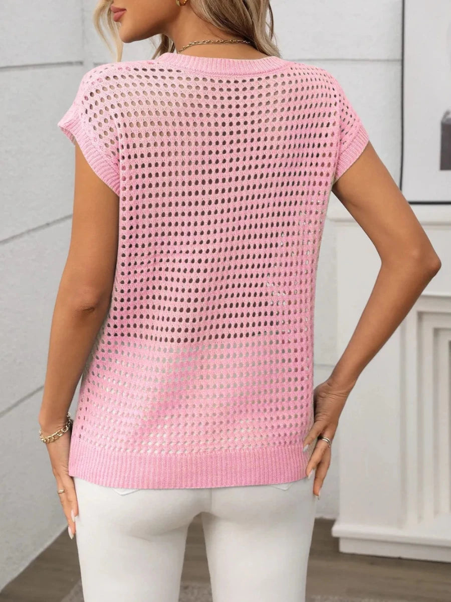 Openwork Round Neck Short Sleeve Knit Cover Up - Wow Store