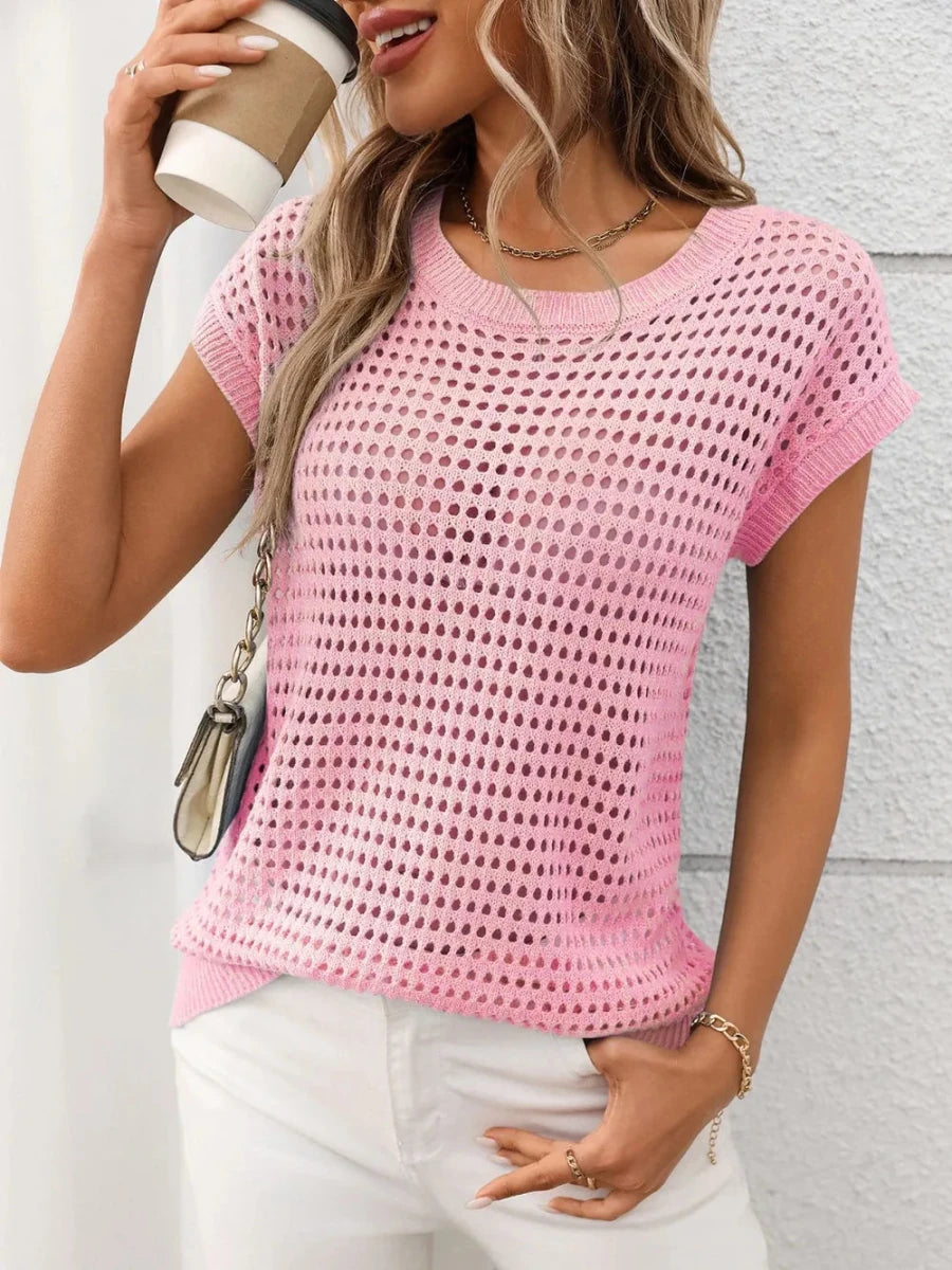 Openwork Round Neck Short Sleeve Knit Cover Up - Wow Store