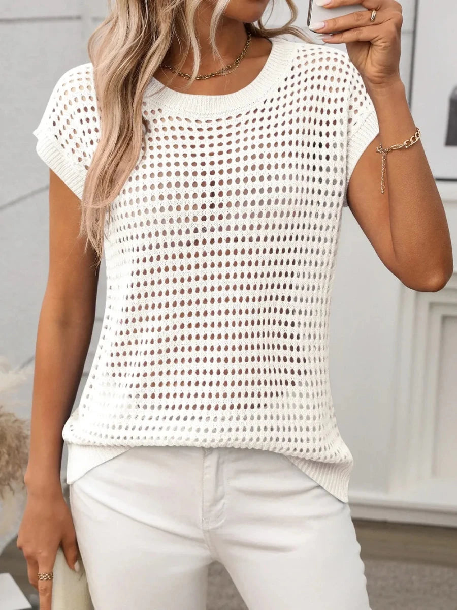 Openwork Round Neck Short Sleeve Knit Cover Up - Wow Store