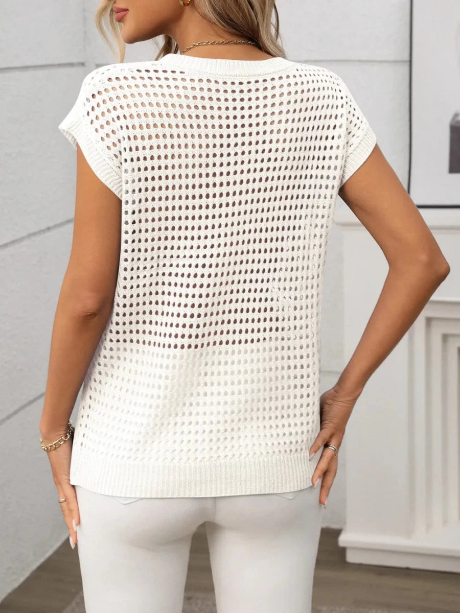 Openwork Round Neck Short Sleeve Knit Cover Up - Wow Store