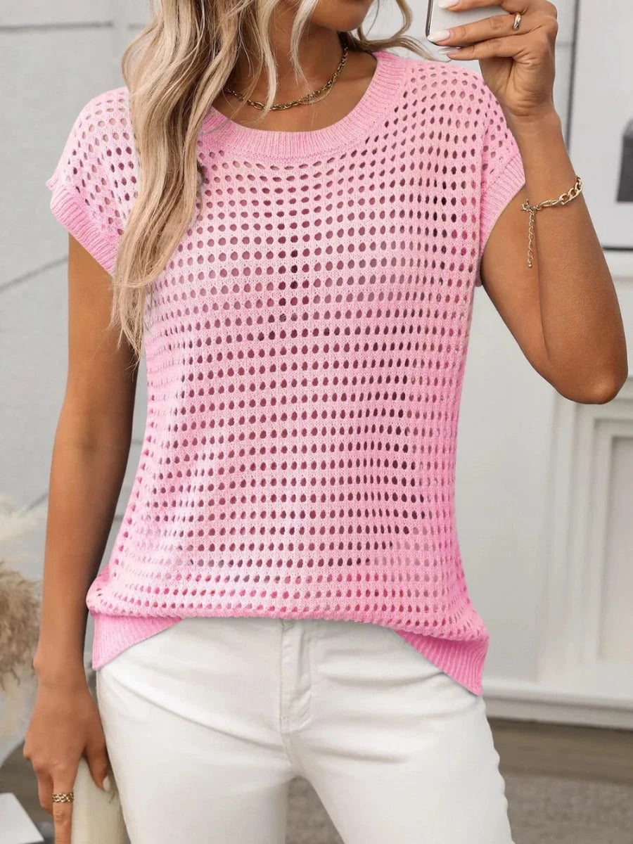 Openwork Round Neck Short Sleeve Knit Cover Up - Wow Store