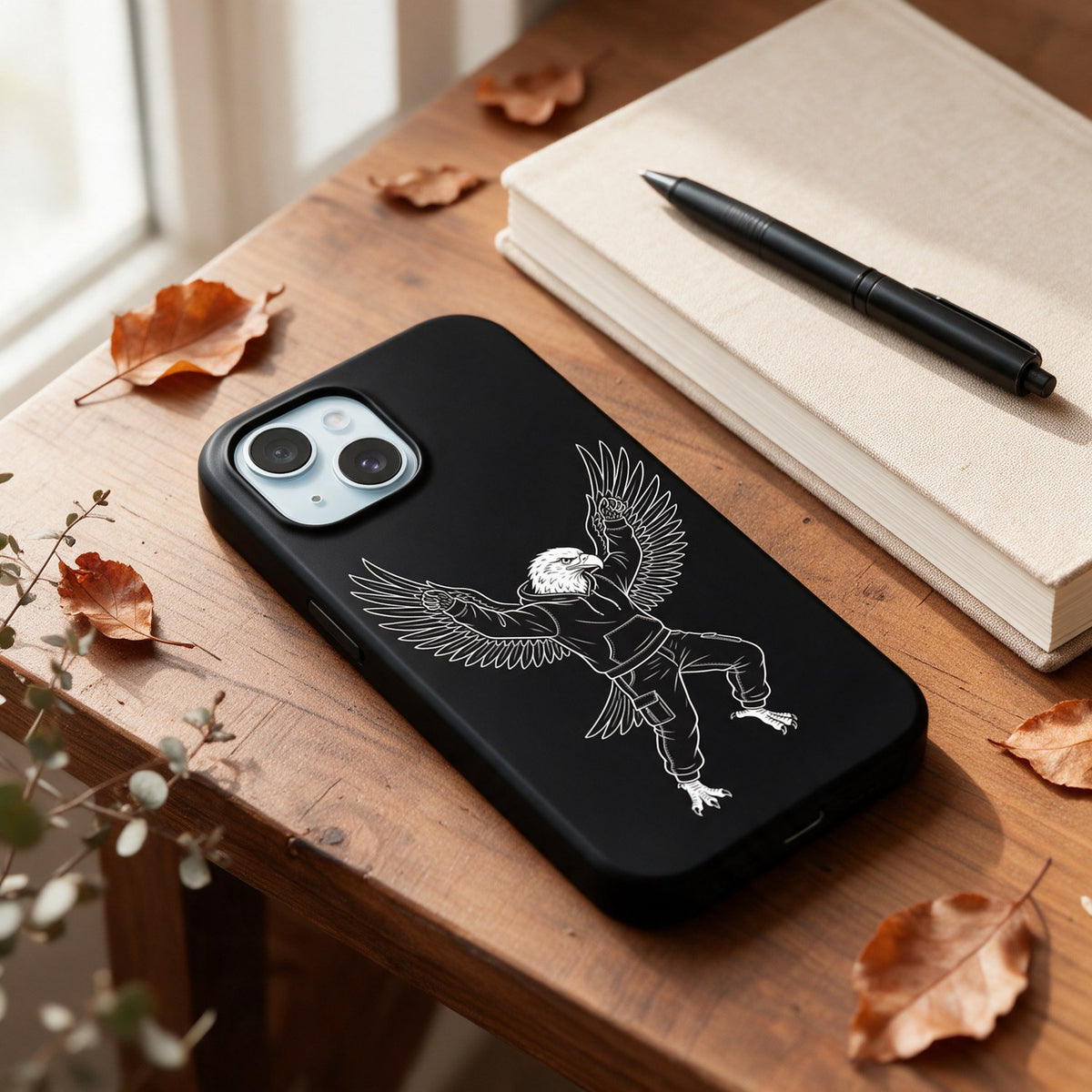 Custom AI Phone Case in use, example design: the WOW eagle (illustration)