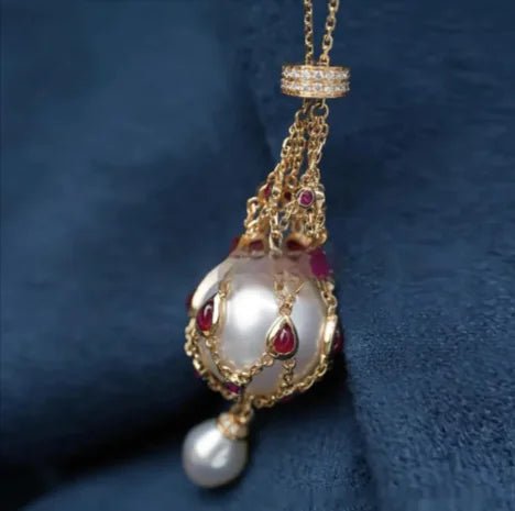 Pearl Gemstone Lavalier Pendant Necklace with Metal Net Bag - Wow Store