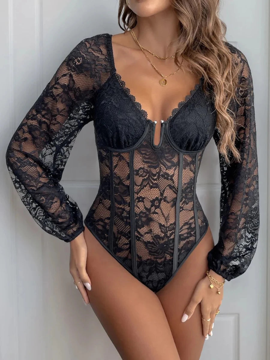 Perfee Lace V - Neck Long Sleeve Bodysuit - Wow Store