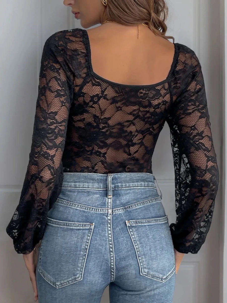 Perfee Lace V - Neck Long Sleeve Bodysuit - Wow Store