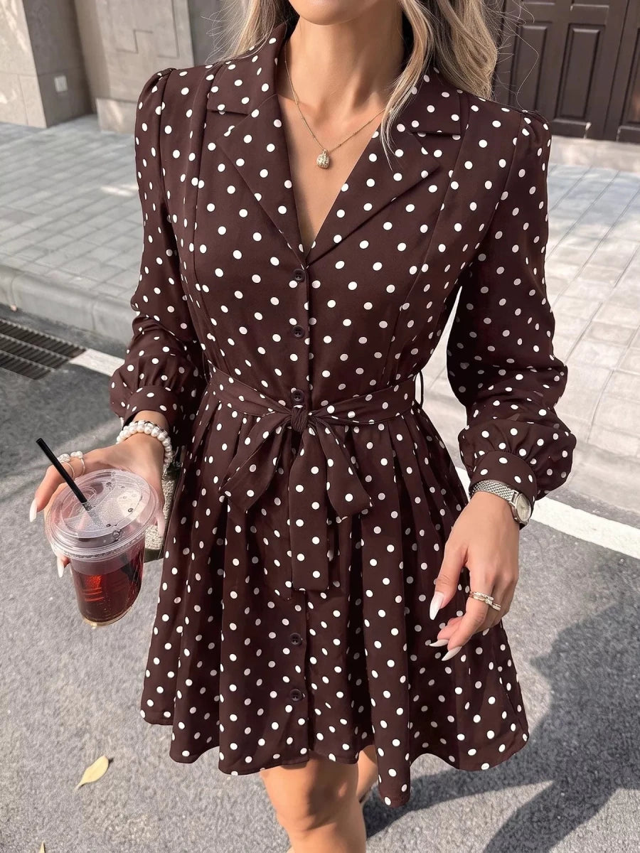 Perfee Polka Dot Long Sleeve Shirt Dress - WowStore.live