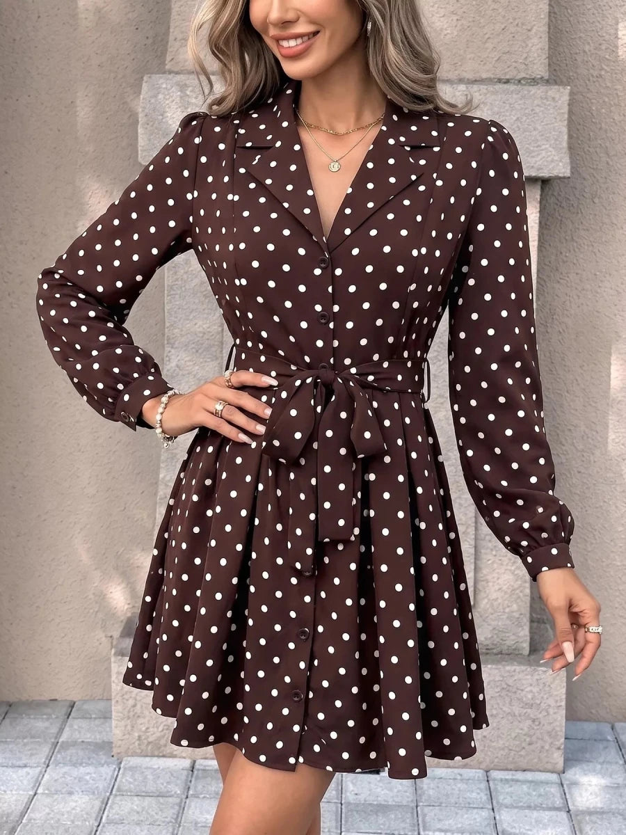 Perfee Polka Dot Long Sleeve Shirt Dress - WowStore.live
