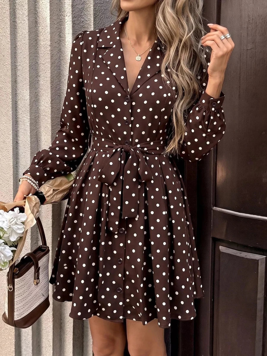 Perfee Polka Dot Long Sleeve Shirt Dress - WowStore.live