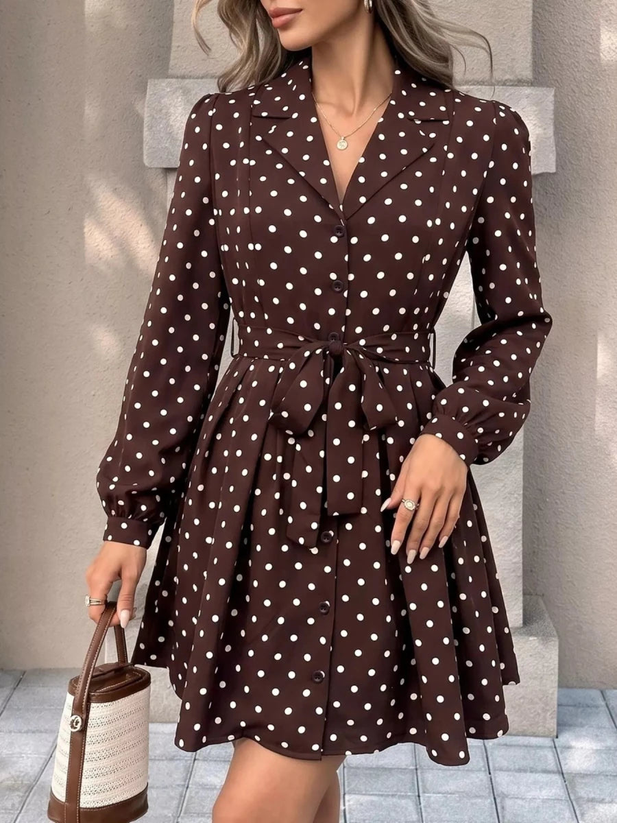 Perfee Polka Dot Long Sleeve Shirt Dress - WowStore.live
