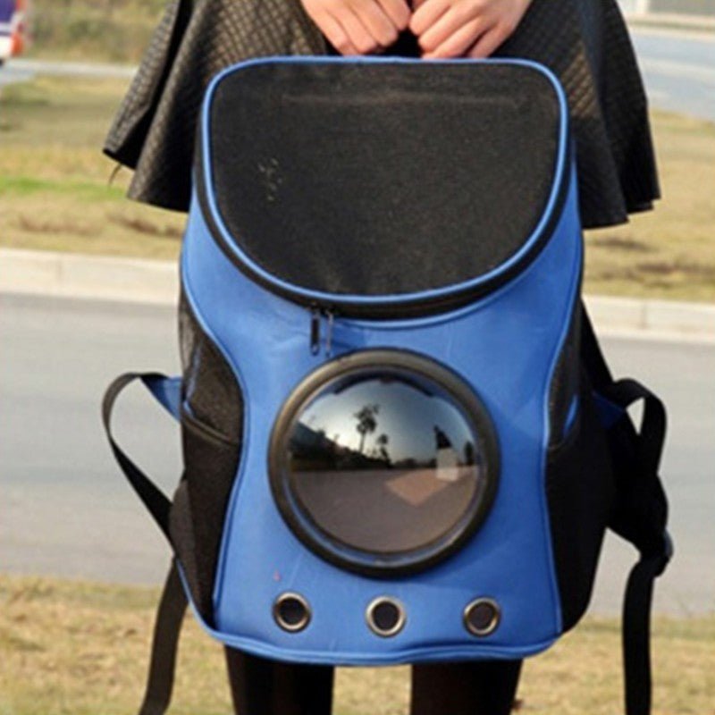 Blue pet carrier backpack worn on the back, with mesh top flap, dome window and air holes