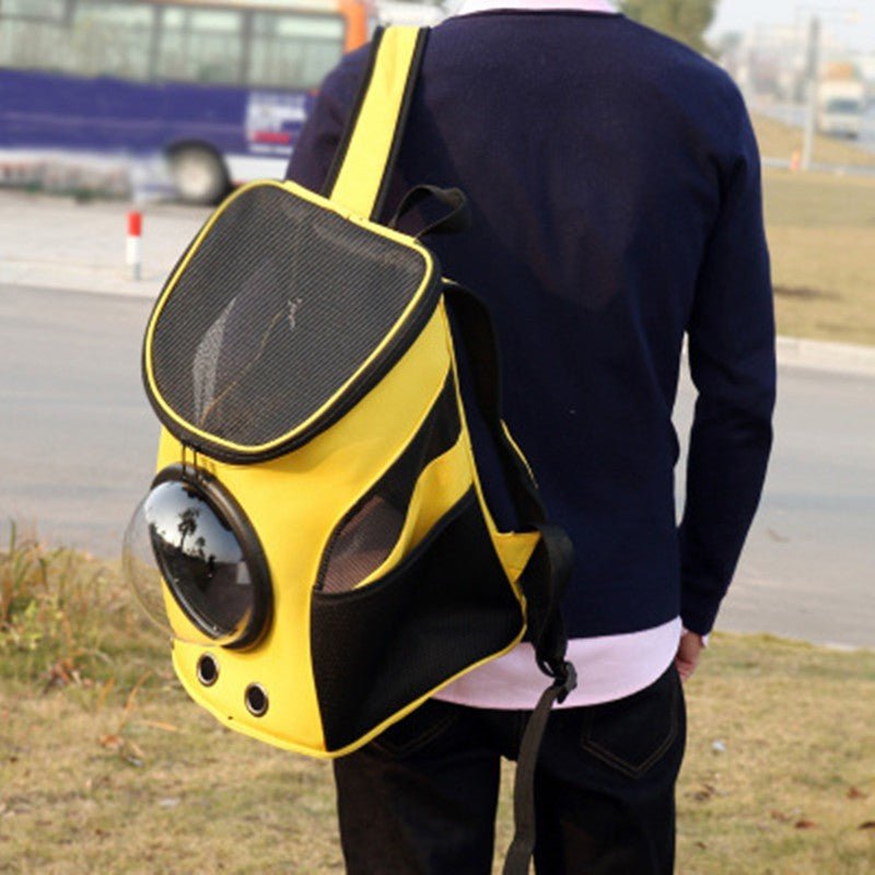 Yellow pet carrier backpack with black mesh, worn by a person in a dark jumper and seen from the side