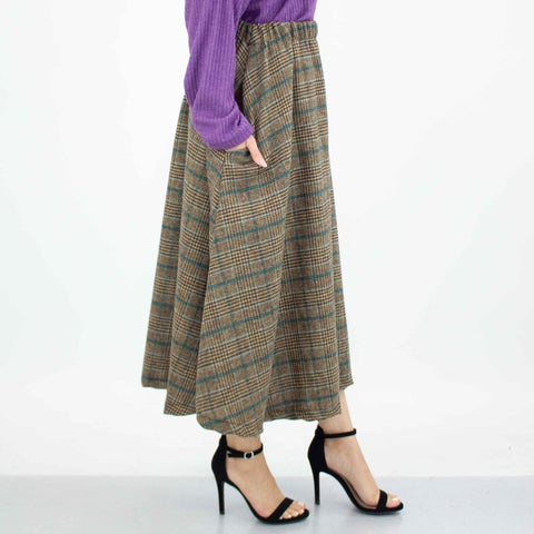Plaid Flare Midi Skirt with Side Pockets - Blue - Wow Store
