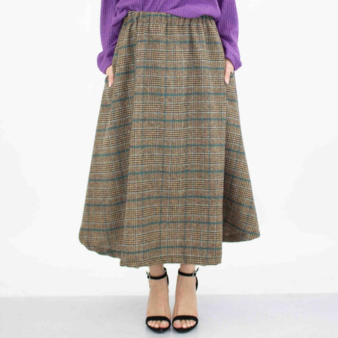 Plaid Flare Midi Skirt with Side Pockets - Blue - Wow Store