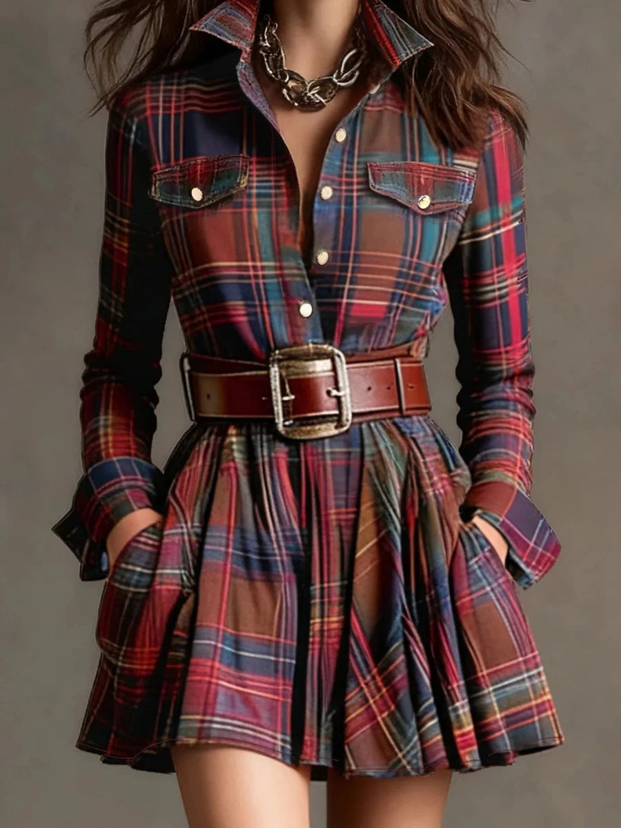 Plaid Long Sleeve Shirt Dress - Wow Store