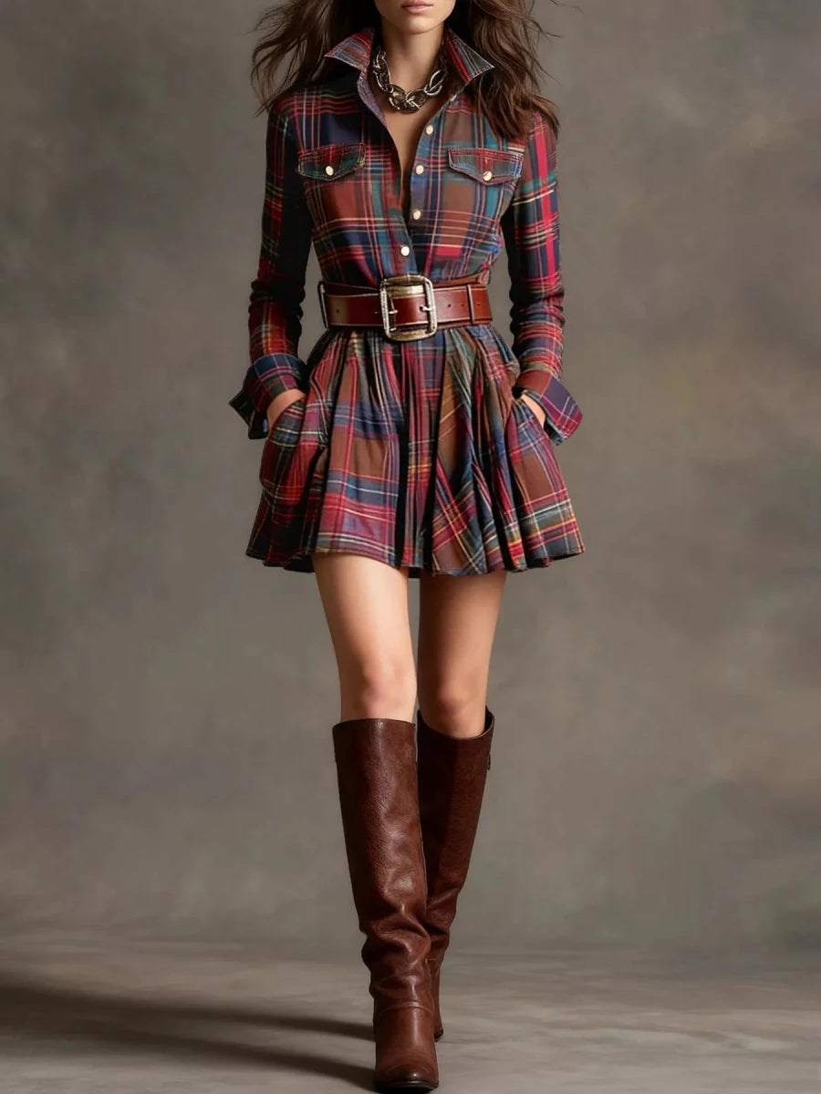 Plaid Long Sleeve Shirt Dress - Wow Store