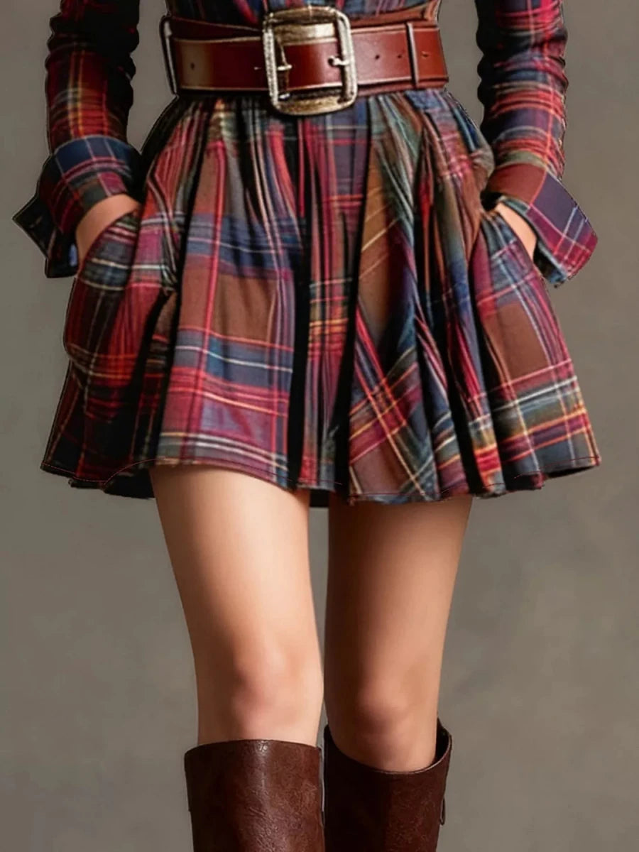 Plaid Long Sleeve Shirt Dress - Wow Store
