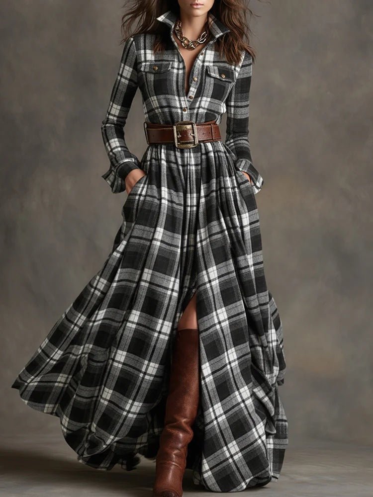Plaid Maxi Shirt Dress in black