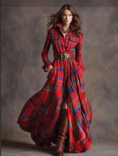 Plaid Maxi Shirt Dress in red