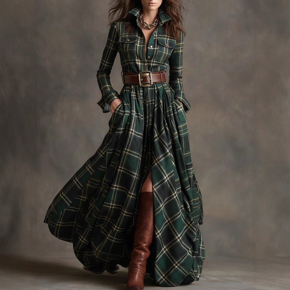 Plaid maxi shirt dress in green and yellow check, front view on model with belt and boots
