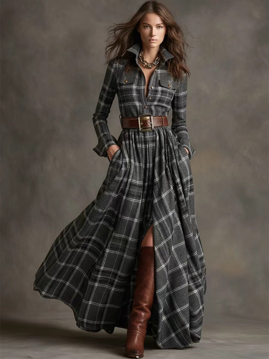 Plaid Maxi Shirt Dress in gray