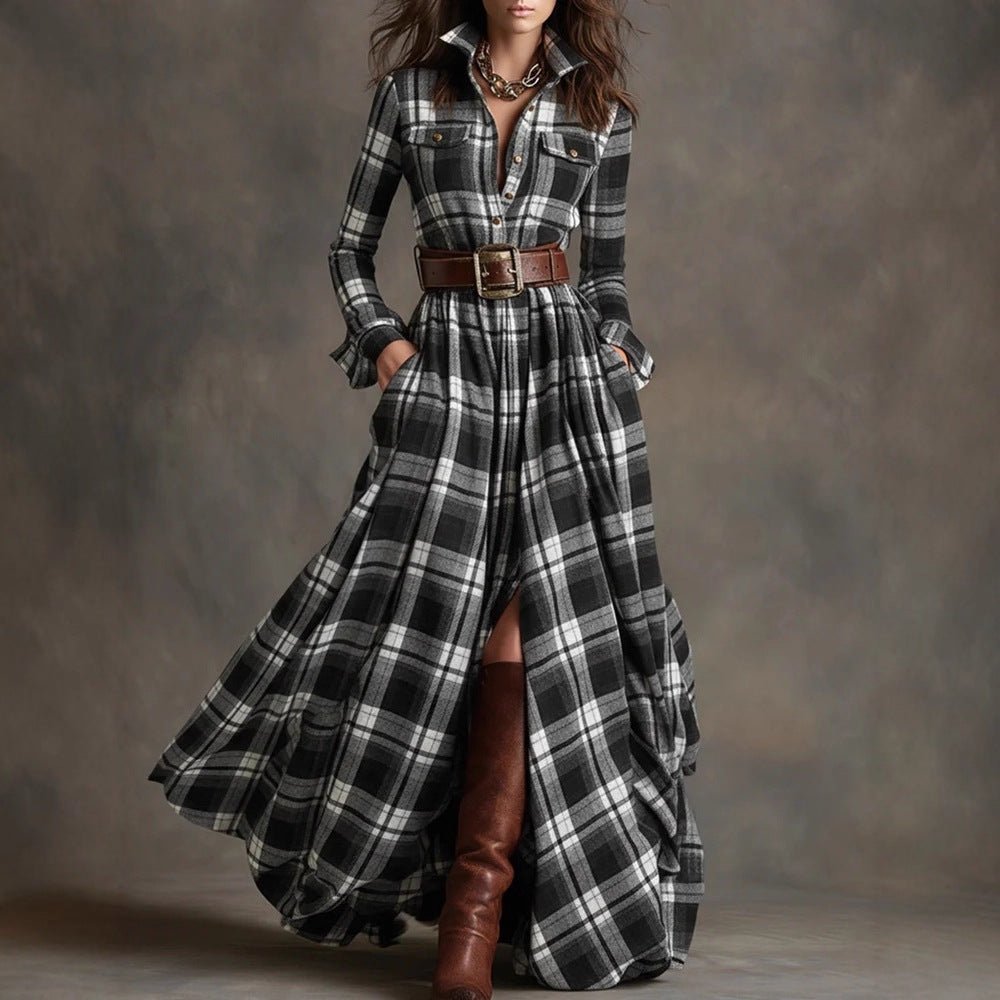 Plaid maxi shirt dress in black and white check, front view on model with belt and boots