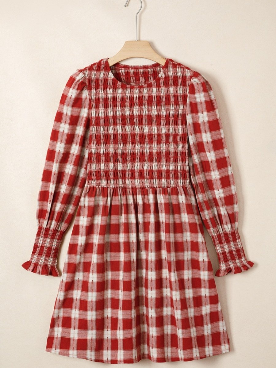 Plaid Print Smocked Puff Sleeve Mini Dress - Wow Store