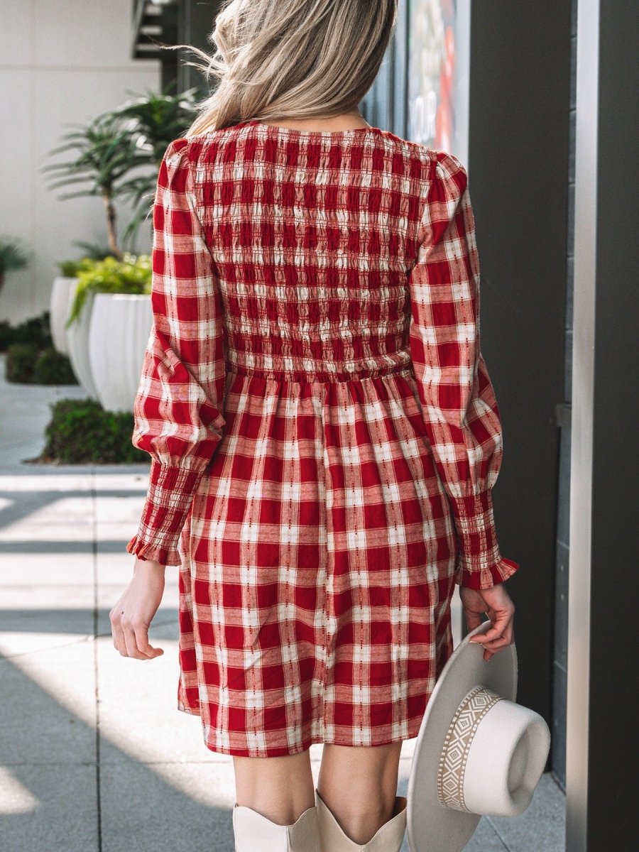 Plaid Print Smocked Puff Sleeve Mini Dress - Wow Store