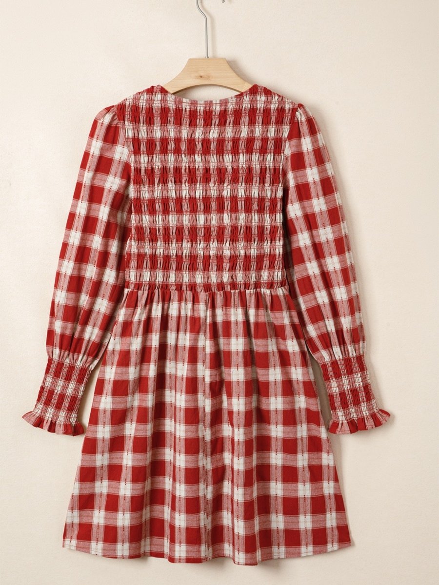 Plaid Print Smocked Puff Sleeve Mini Dress - Wow Store