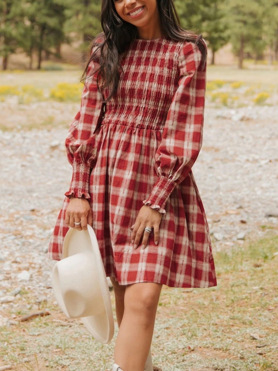 Plaid Print Smocked Puff Sleeve Mini Dress - Wow Store