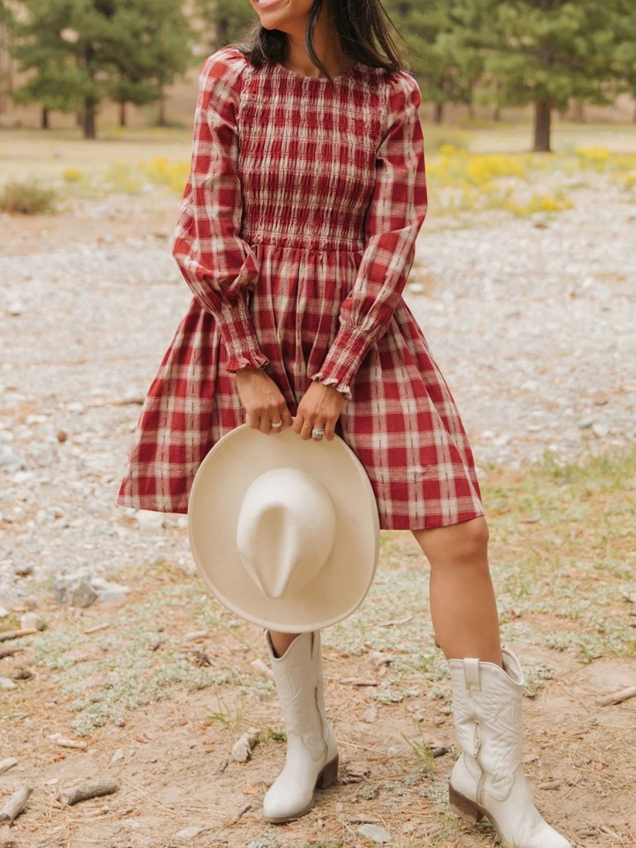 Plaid Print Smocked Puff Sleeve Mini Dress - Wow Store