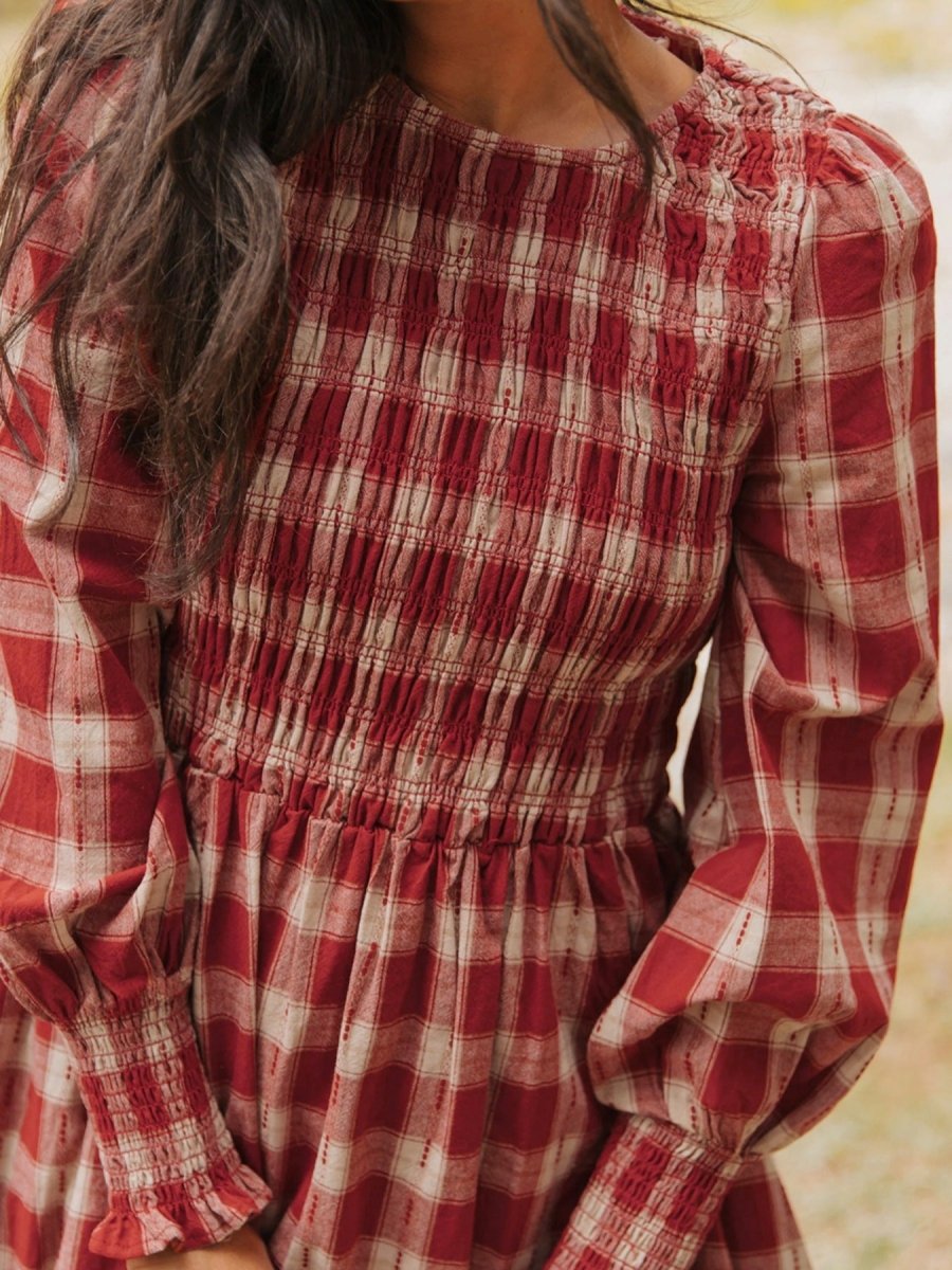 Plaid Print Smocked Puff Sleeve Mini Dress - Wow Store