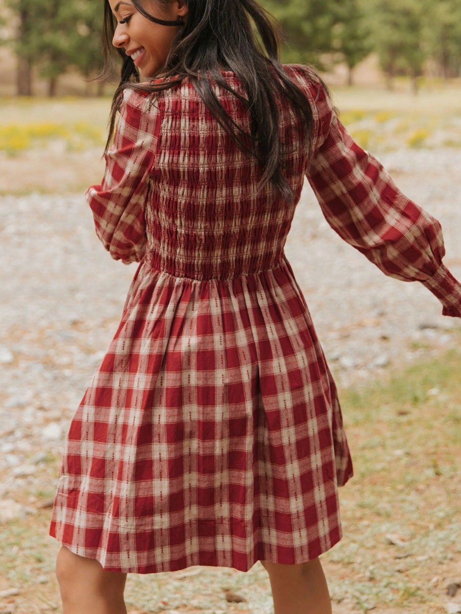 Plaid Print Smocked Puff Sleeve Mini Dress - Wow Store