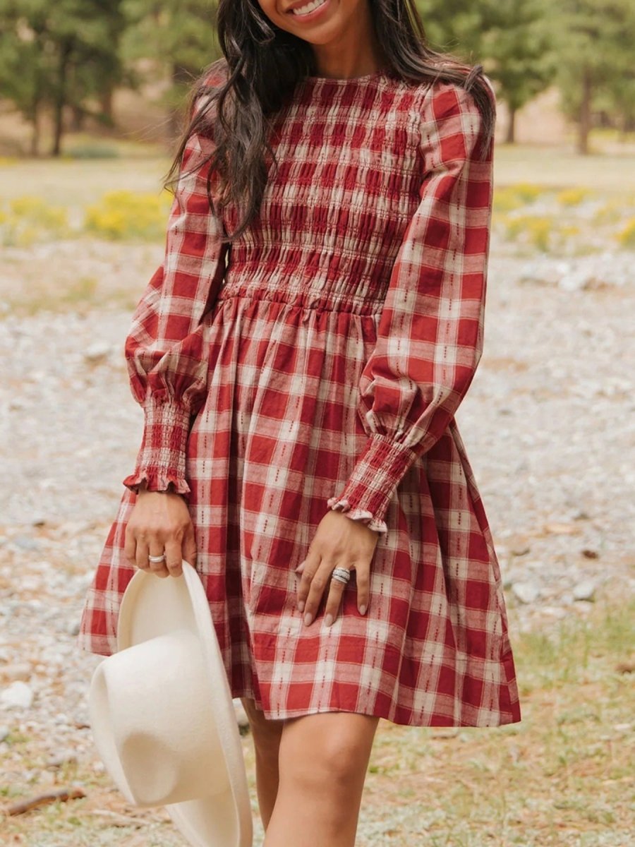 Plaid Print Smocked Puff Sleeve Mini Dress in soft cotton with relaxed fit and puff sleeves