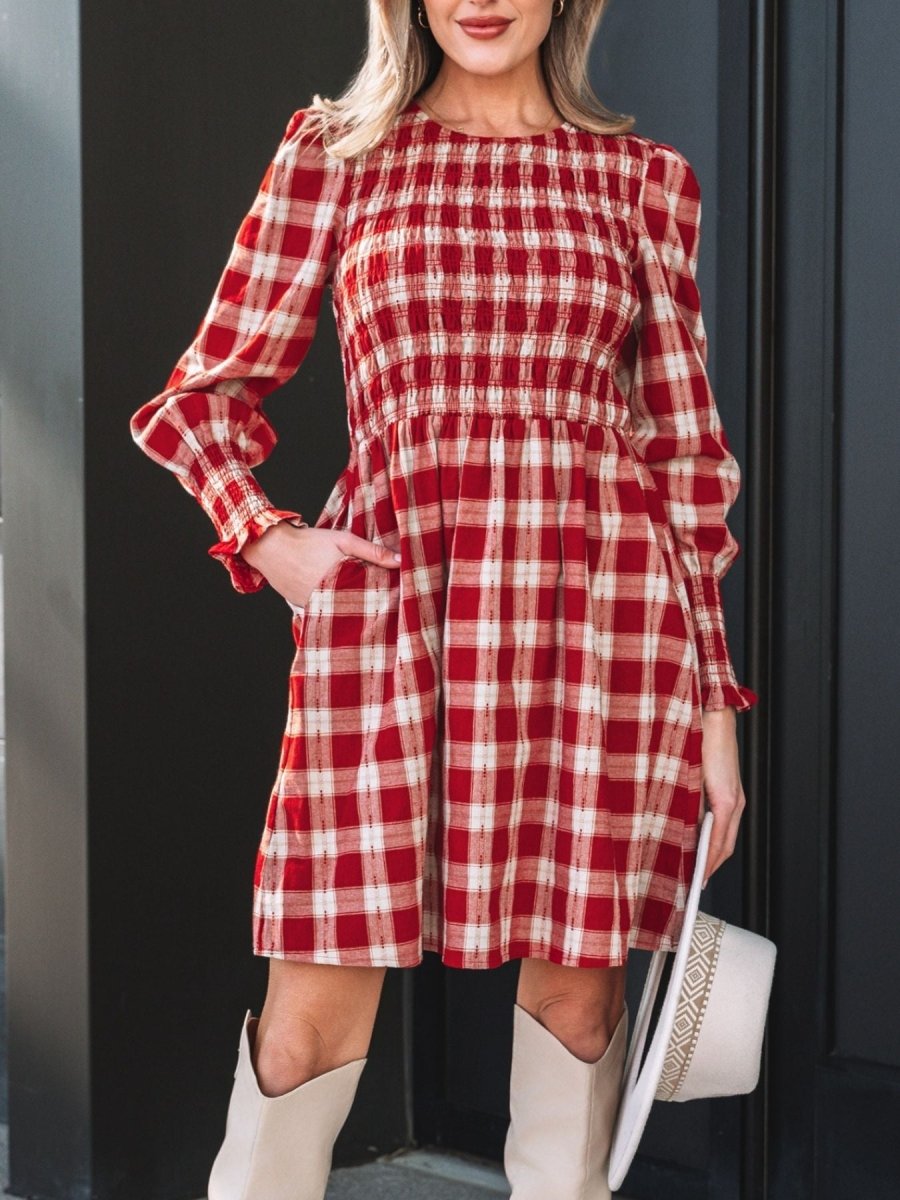 Plaid Print Smocked Puff Sleeve Mini Dress - Wow Store