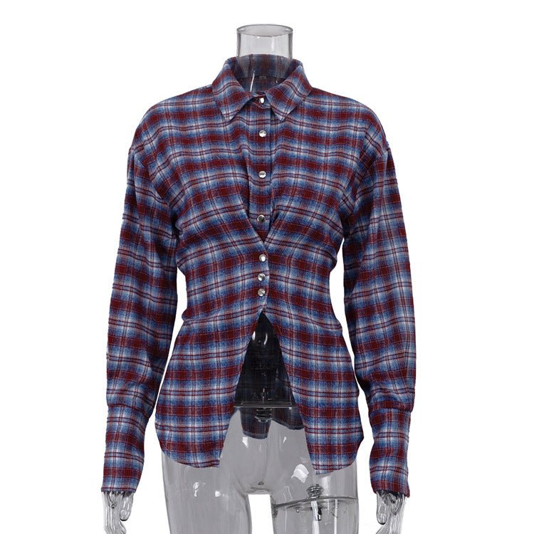 Plaid Shirt with Tie-Back Waist and Snap Buttons - WowStore.live