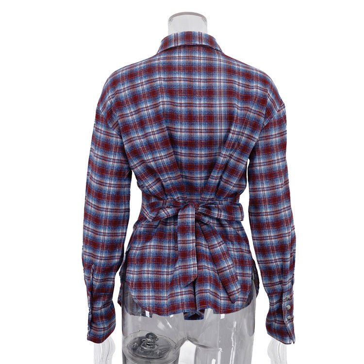 Plaid Shirt with Tie-Back Waist and Snap Buttons - WowStore.live