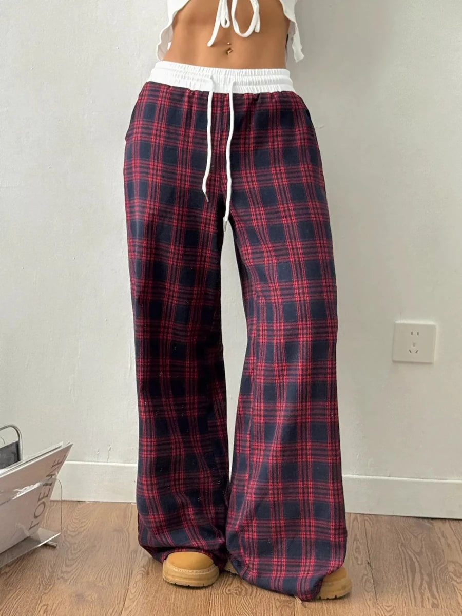 Plaid Wide - Leg Pants with Elastic Waistband - Wow Store