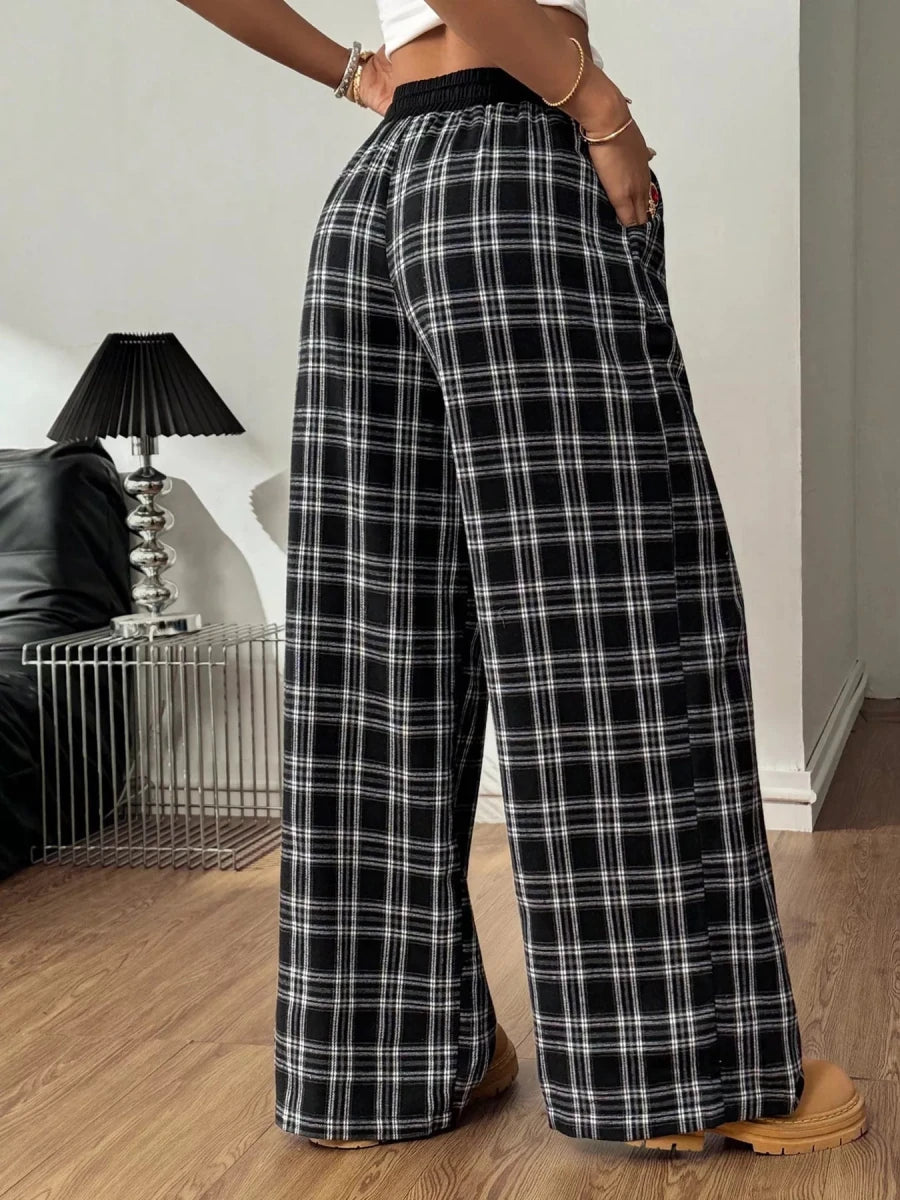 Plaid Wide - Leg Pants with Elastic Waistband - Wow Store