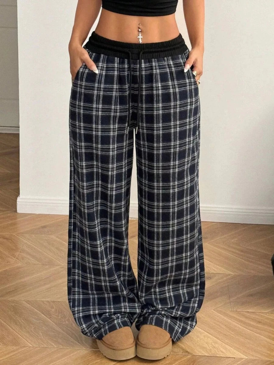 Plaid Wide - Leg Pants with Elastic Waistband - Wow Store